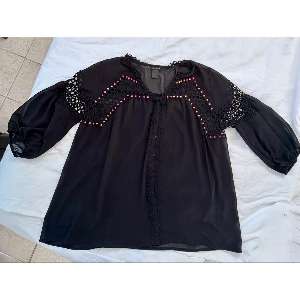 Nue Options Black Chiffon Blouse L Crochet Lace Rhinestone Boho Bishop Sleeve
